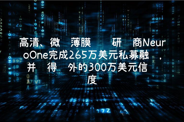 高清、微创薄膜电极研发商NeuroOne完成265万美元私募融资，并获得额外的300万美元信贷额度